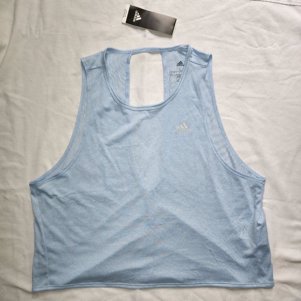 ADIDAS Womens Blue Own The Run Cooler Crop Tank.